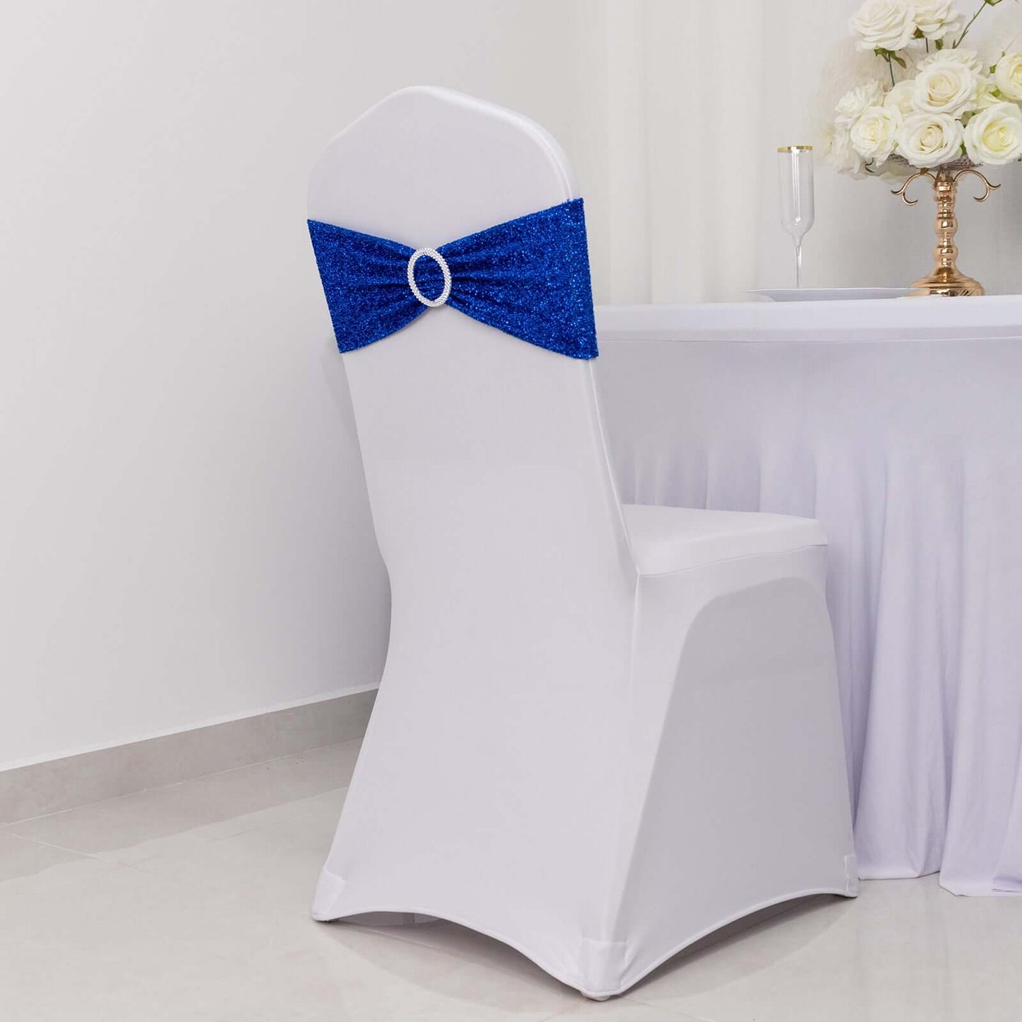 5 Pack Chair Sashes Shimmer Tinsel Spandex 5"x12" with Silver Rhinestone Buckles Royal Blue - Stylish Chair Bands