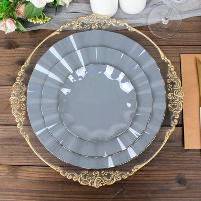 10-Pack Plastic 9" Round Dinner Plates in Dusty Blue Ruffled Rim with Gold Edging - Sturdy Disposable Dinnerware