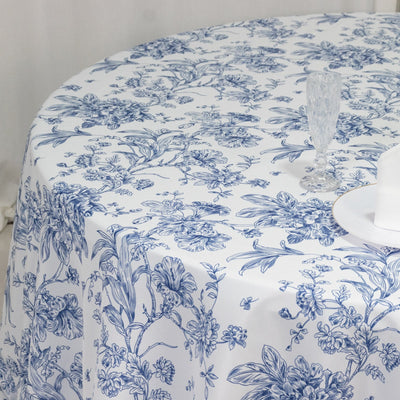Polyester 132" Round Tablecloth White - Blue French Toile Pattern for Chic Weddings