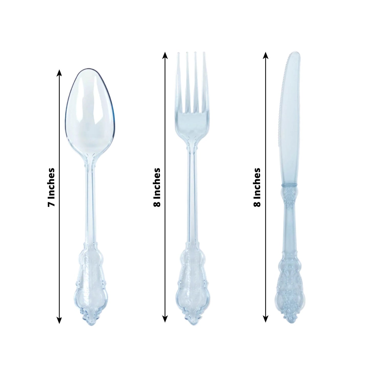 72 Pcs Plastic Silverware Set in Baroque Style Transparent Dusty Blue - Heavy Duty Disposable Knife, Fork, and Spoon Set