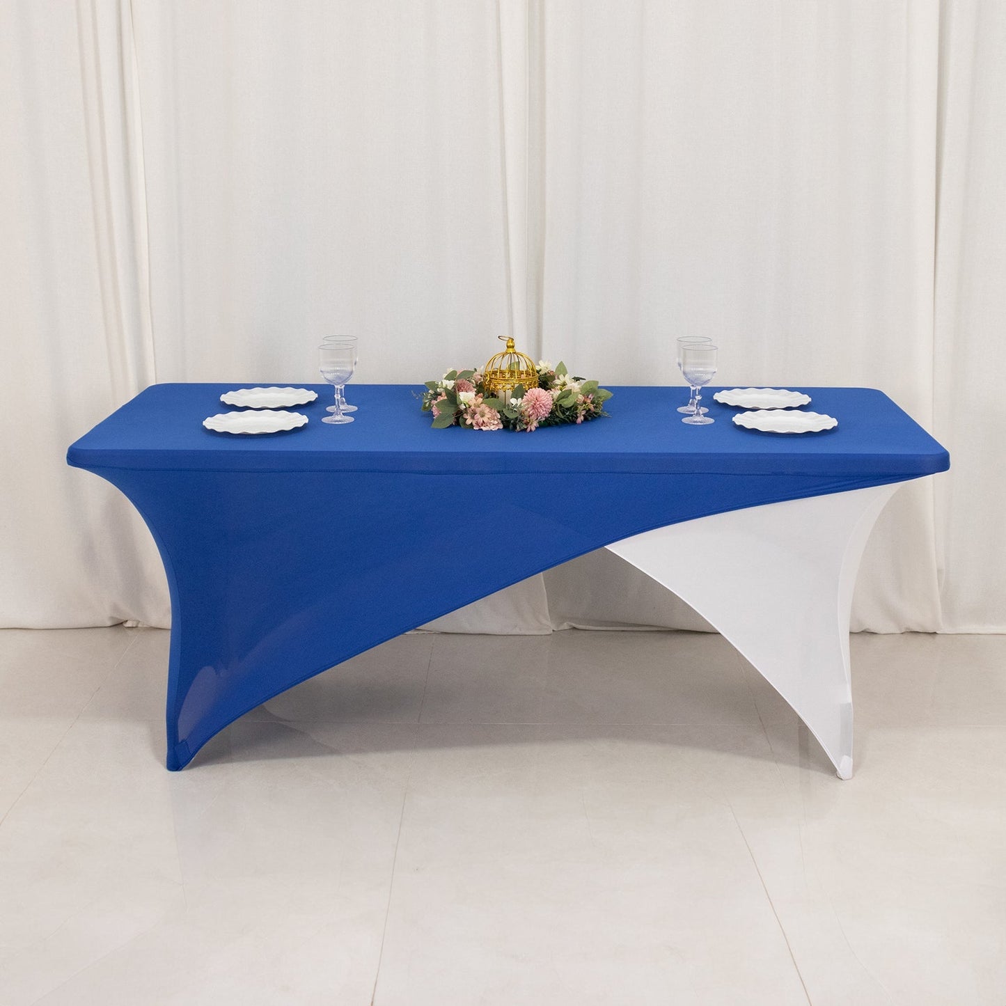 Stretch Spandex 72"x30" Rectangle Table Cover Royal Blue/White Cross Over Design - Two-Piece Fitted Tablecloth with Elastic Foot Pockets