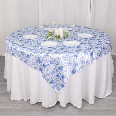 Satin 72"x72" Table Overlay Square Tablecloth White Blue - French Toile Floral Design for Stylish Celebrations