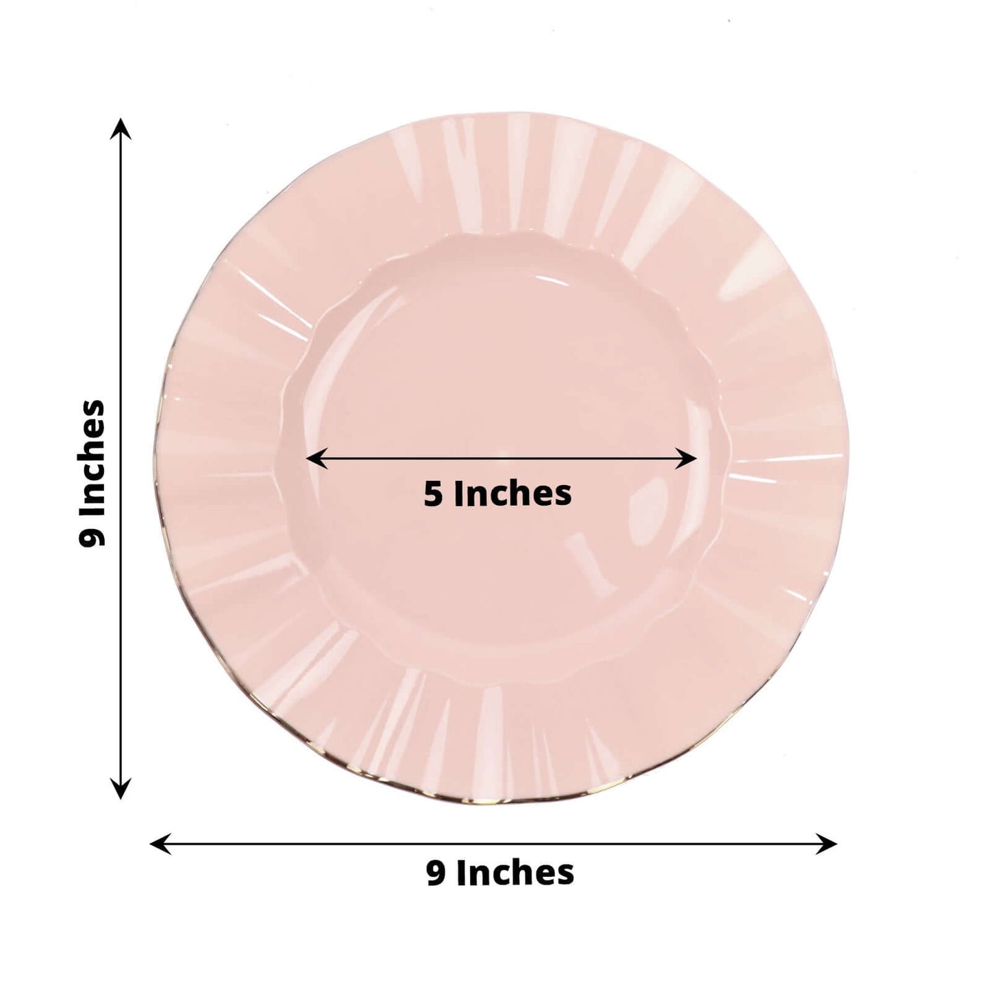 10-Pack Plastic 9" Round Dinner Plates in Blush Ruffled Rim with Gold Edging - Sturdy Disposable Dinnerware