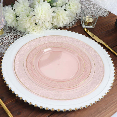 10-Pack Plastic 7.5" Round Appetizer Plates in Blush Hammered Design with Gold Rim - Disposable Salad Plates for Chic Banquets & Special Occasions