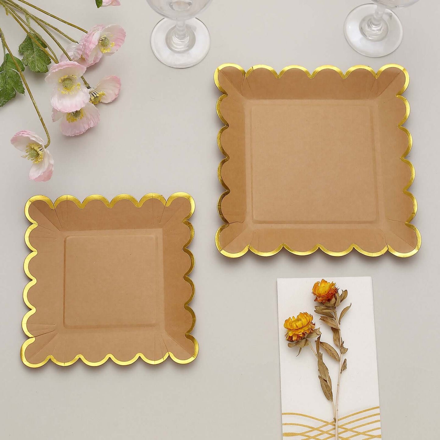 25-Pack Paper 7" Square Dessert Plates in Natural Brown with Gold Scalloped Rim - Disposable Salad Appetizer Party Plates for Stylish Outdoor Events & Boho Celebrations