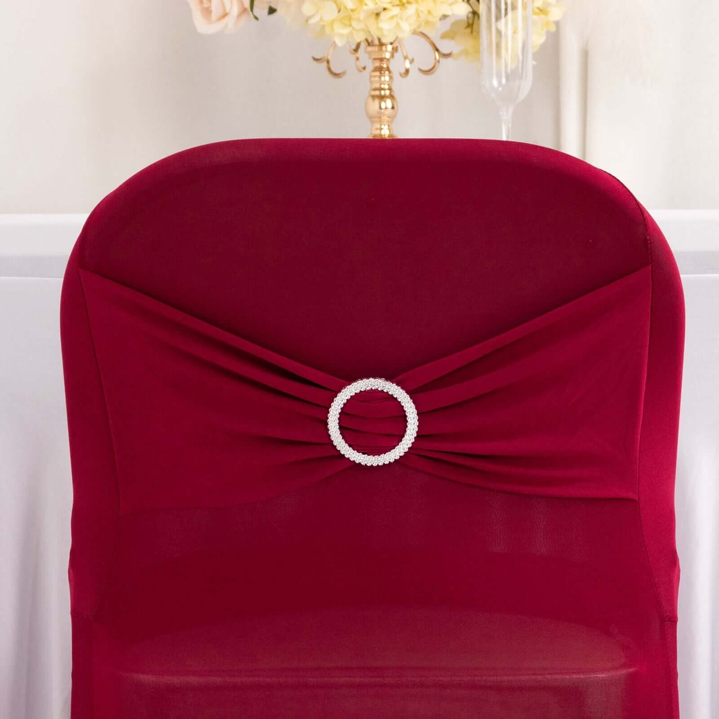 Stretch Spandex Chair Cover Burgundy for Folding Chairs - Secure Fit Slipcover with Silver Rhinestone Buckled Sash Band