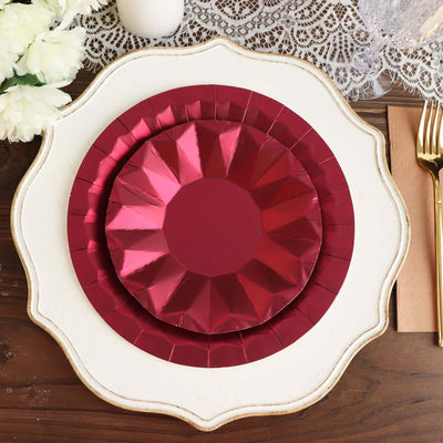 25-Pack Paper 9" Round Dinner Plates in Burgundy with Geometric Prism Rim - Disposable 400GSM Party Plates