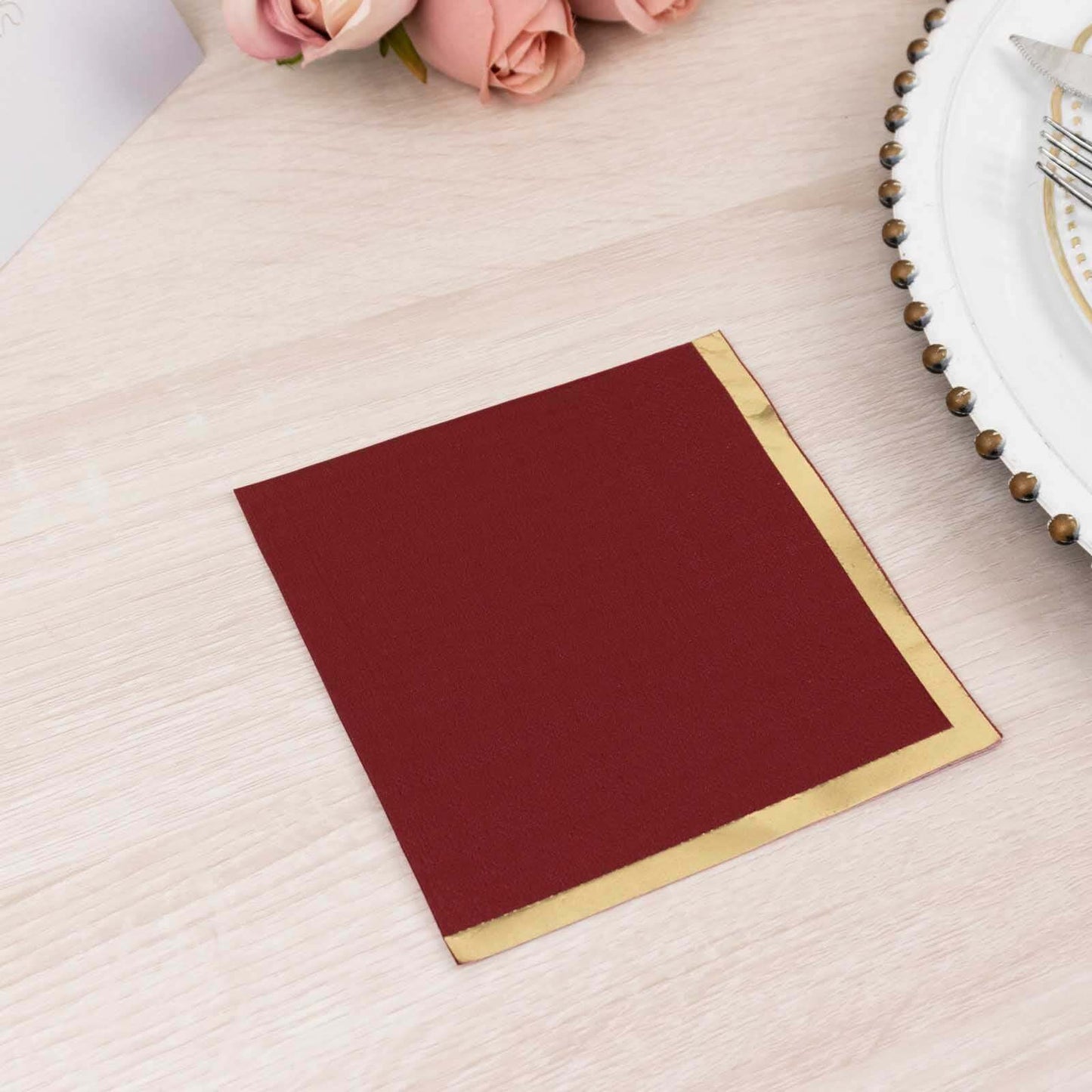 50-Pack Paper Beverage Napkins Burgundy with Gold Foil Edge - 2 Ply Disposable Soft 18GSM Cocktail Napkins 5"x5"
