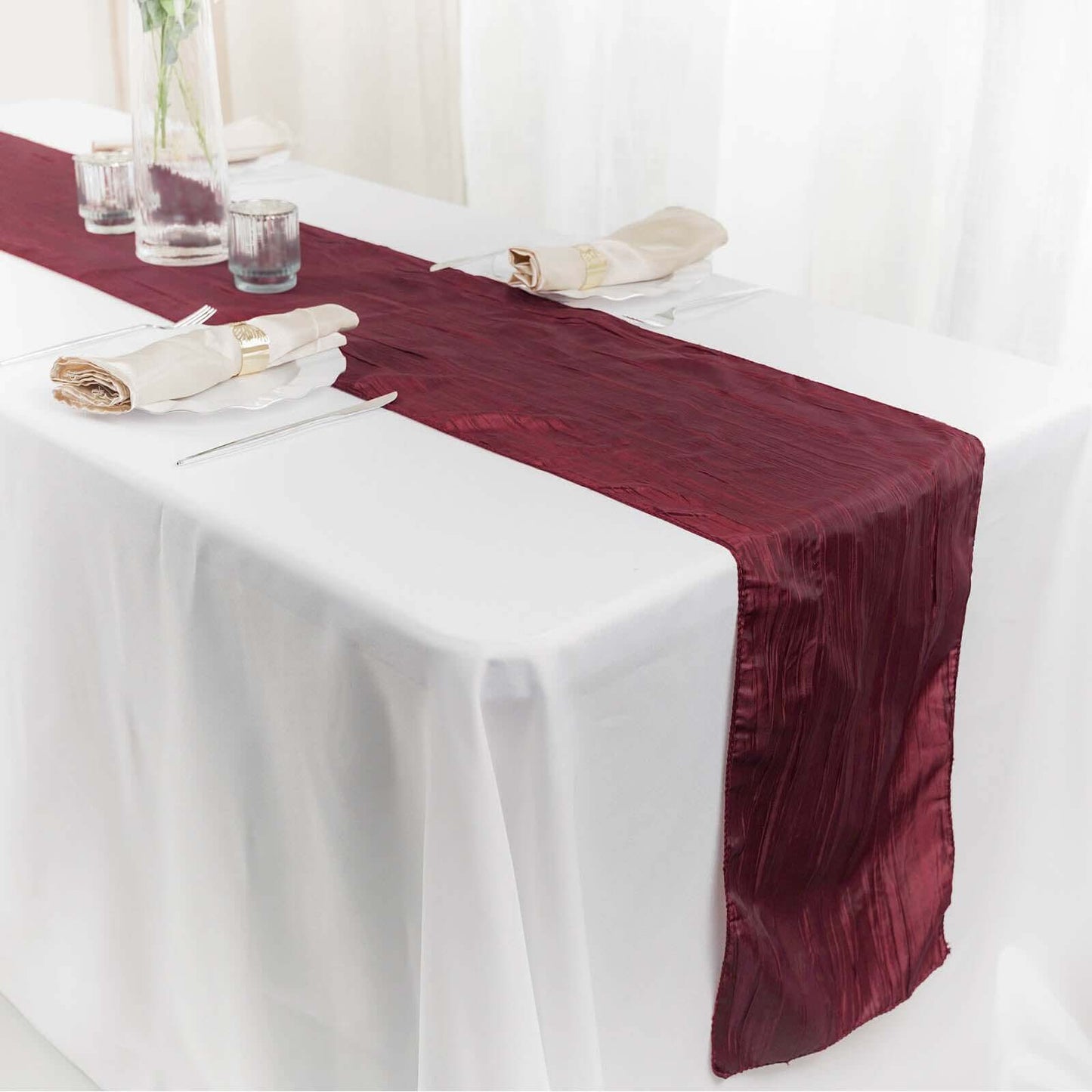 Taffeta 12"x108" Table Runner Burgundy - Accordion Crinkle Design