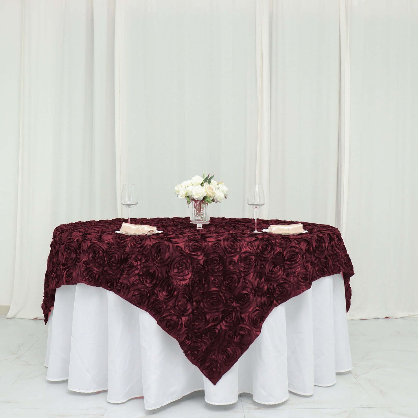 Satin 72"x72" Table Overlay Square Tablecloth Burgundy - 3D Rosette Table Cover
