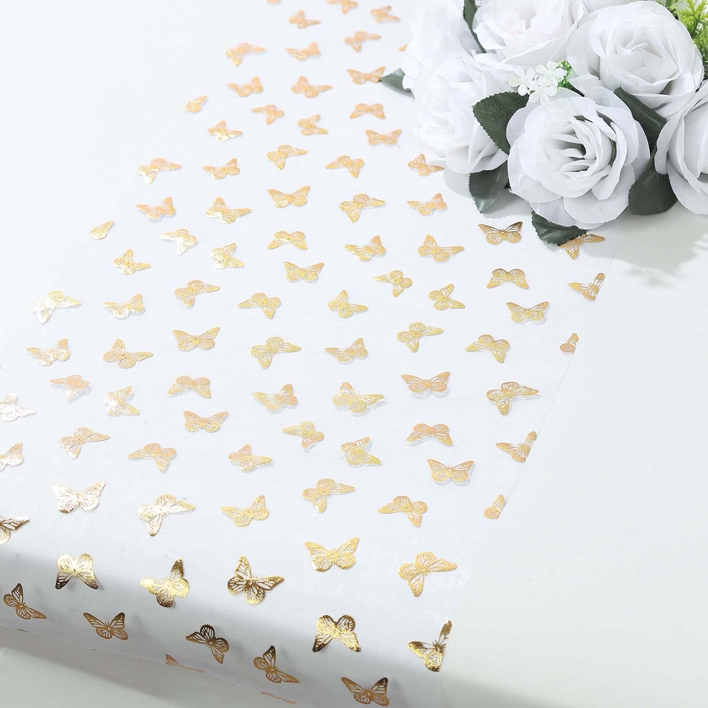 5 Pack Sheer Organza 11"x108" Table Runner Rolls White Disposable with Metallic Gold Foil Butterflies Motifs