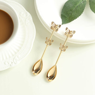 5 Pack Gold Metal Butterfly Handle Dessert Spoons in Clear Top Black Gift Box, Pre-Packed Mini Espresso Coffee Spoons Wedding Souvenir Gift with Thank You Tag and Ribbon - 4"