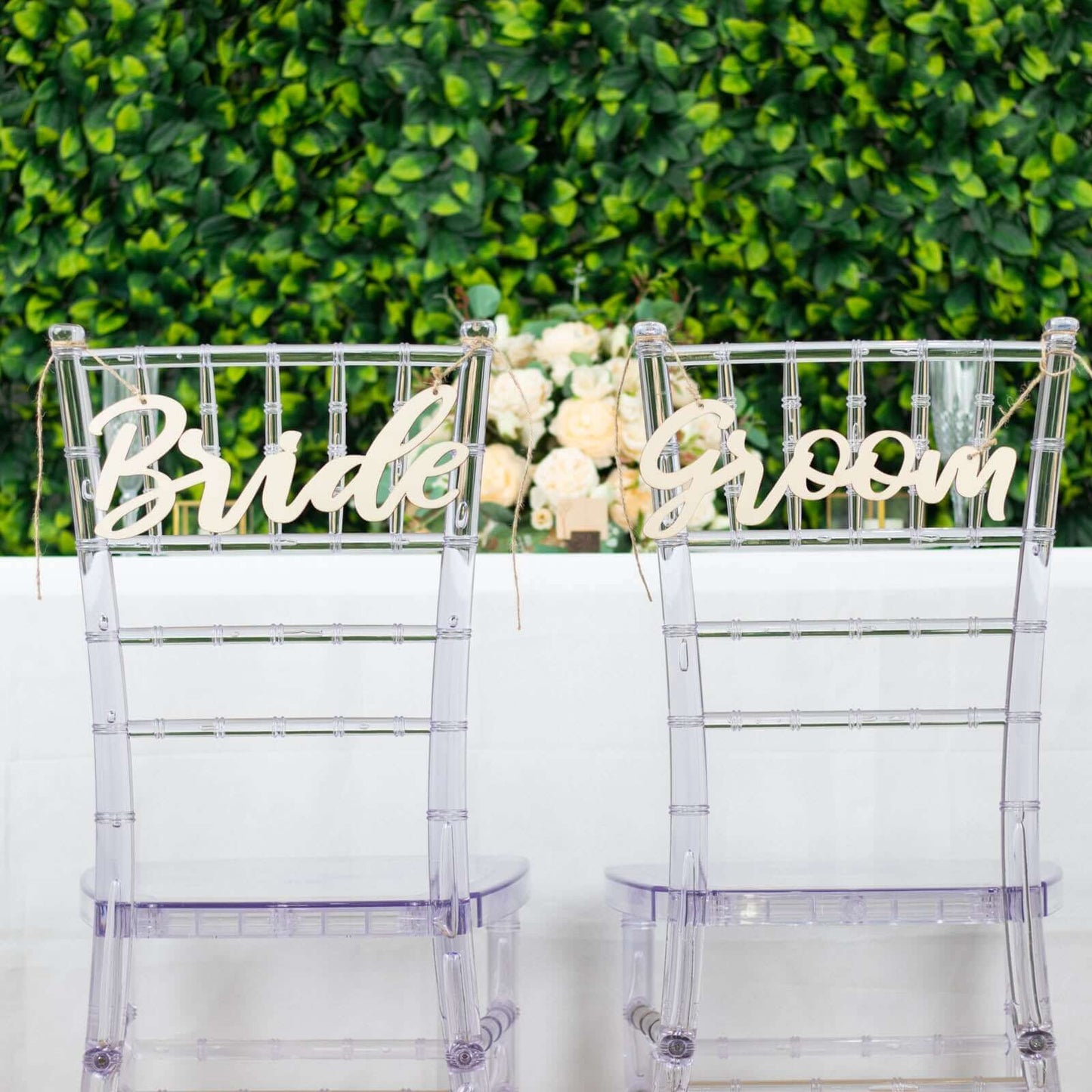 Set of 2 Bride and Groom Chair Signs Natural Wood - Charming Calligraphy Wall Hanging Wedding Decor & Props 12"x5"