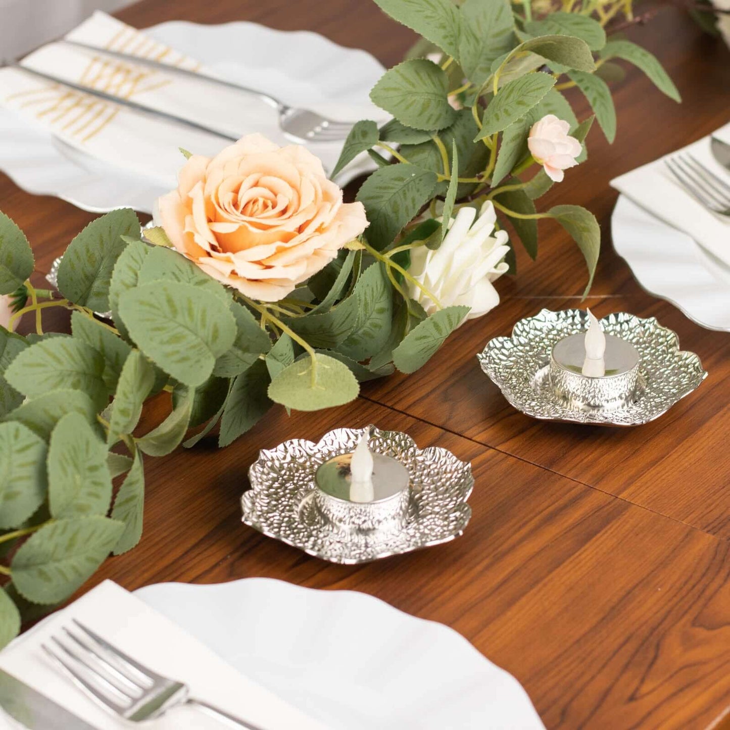 3-Pack Metal Votive Candle Holders Plum Blossom Design Shiny Silver - Vintage Mini Tea Cup Saucers 4"