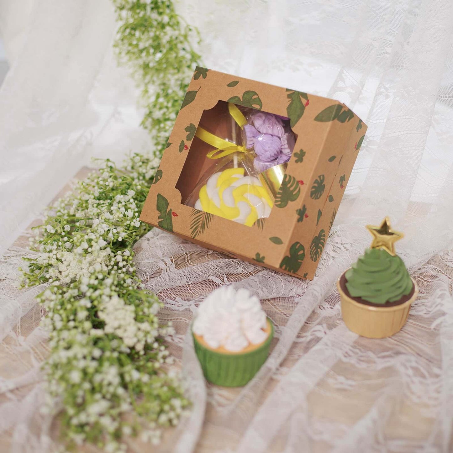 12-Pack Cardstock Cookie Boxes with Display Window - Tropical Leaf Design Disposable Treat Bakery Boxes for Donuts Cupcakes Strawberries & Pastries 6"x6"x3"