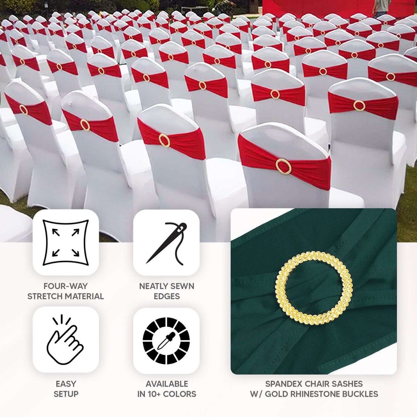 5 Pack Spandex Chair Sashes Dusty Blue with Gold Rhinestone Buckles - Reusable Four-Way Stretch Sash Bands 5"x14"