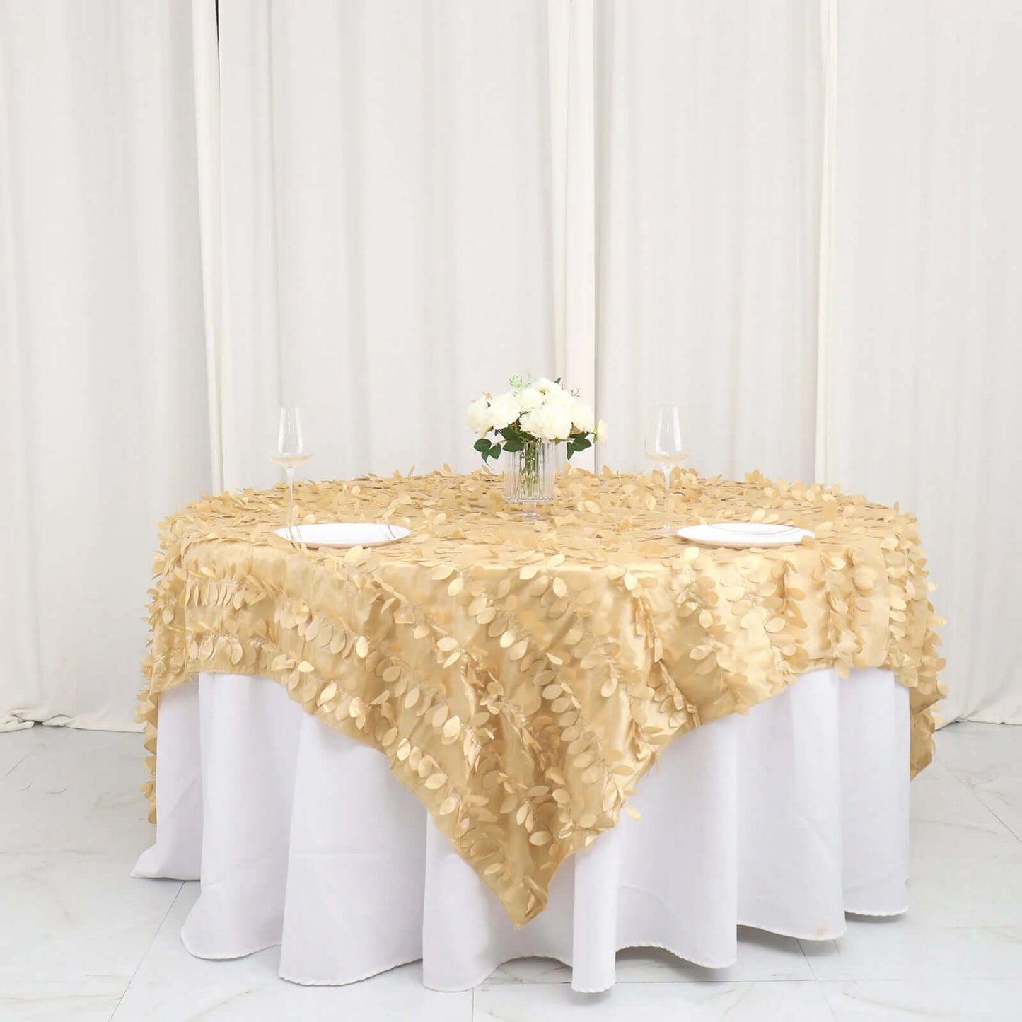 Taffeta 90"x90" Table Overlay Square Tablecloth Champagne - Leaf Petal Design for Stylish Celebrations