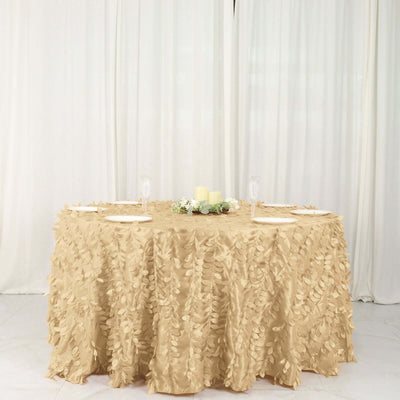 Taffeta 132" Round Tablecloth Champagne | 3D Leaf Petal Design Seamless Table Cover