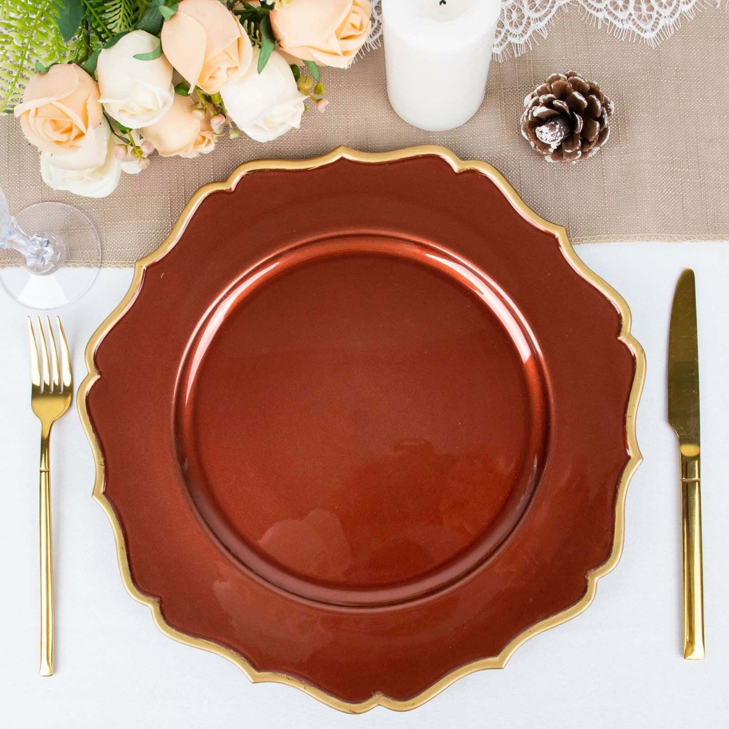 6-Pack Acrylic Round Charger Plates 13" in Terracotta (Rust) with Gold Scalloped Rim, Decorative Dinner Party Plastic Charger Tableware