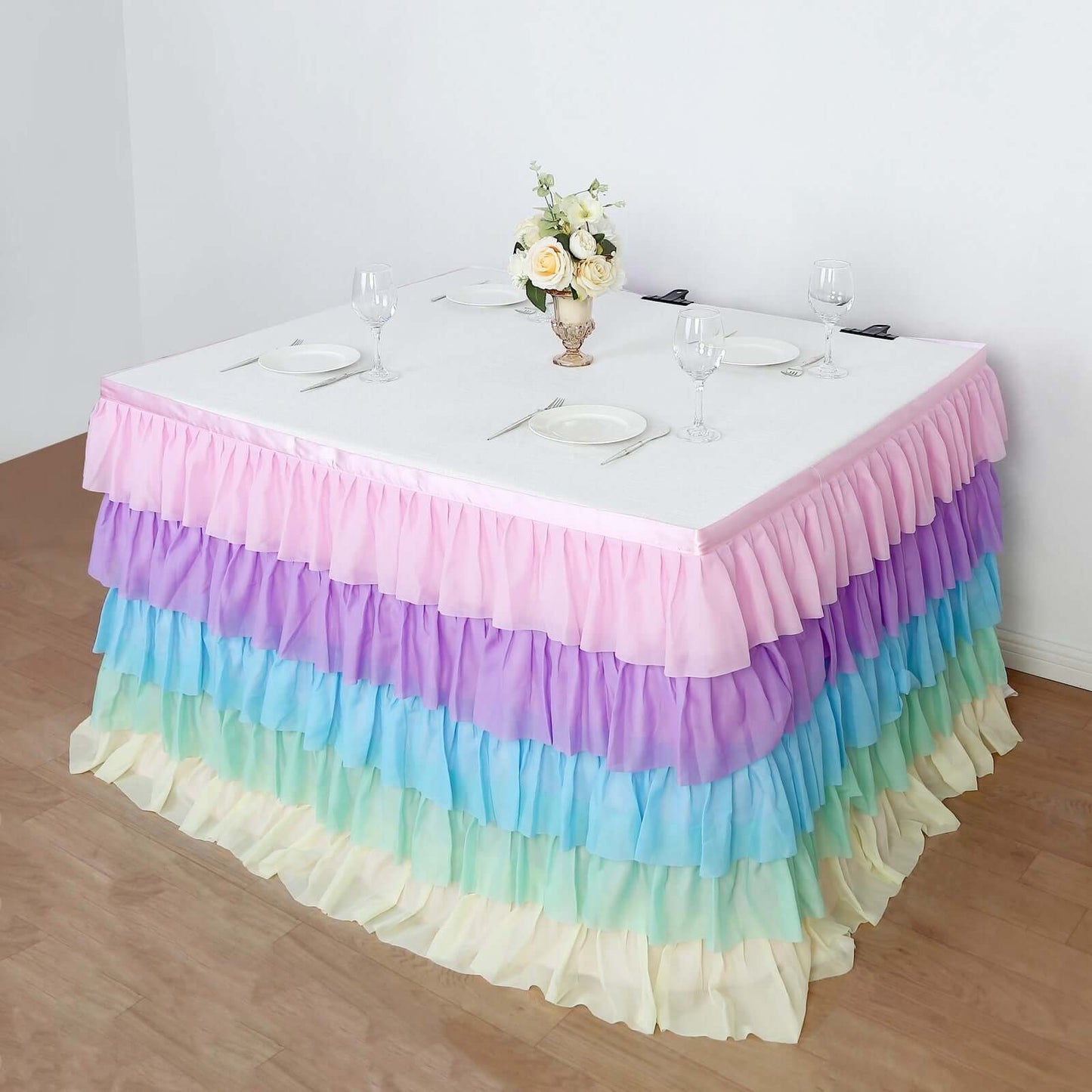 Chiffon 14ft Table Skirt Gradient Unicorn - 5-Tier Ombre Ruffled Tutu Table Cover with Satin Backing for Enchanting Events