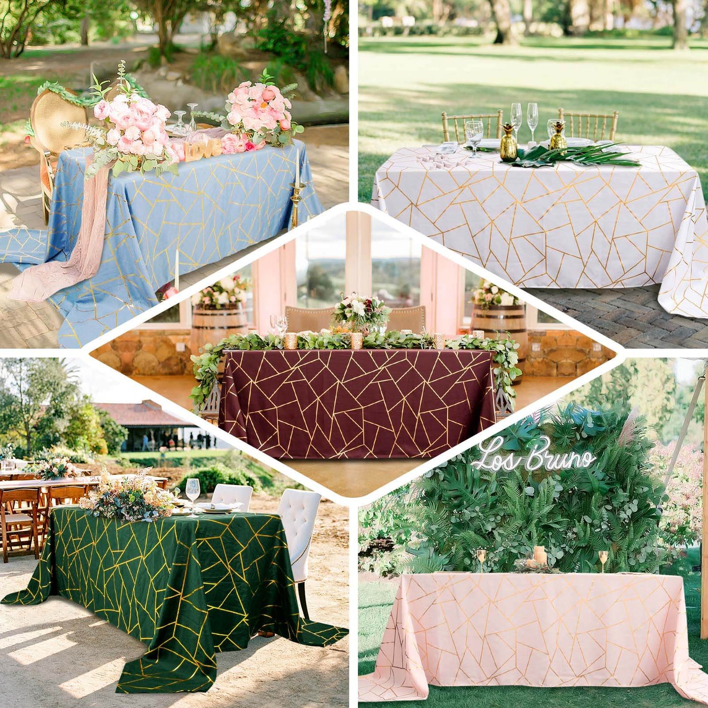 Polyester 60"x132" Rectangle Tablecloth Cinnamon Rose with Gold Foil Geometric Pattern - Wrinkle-Resistant and Durable Table Cover for Weddings & Events