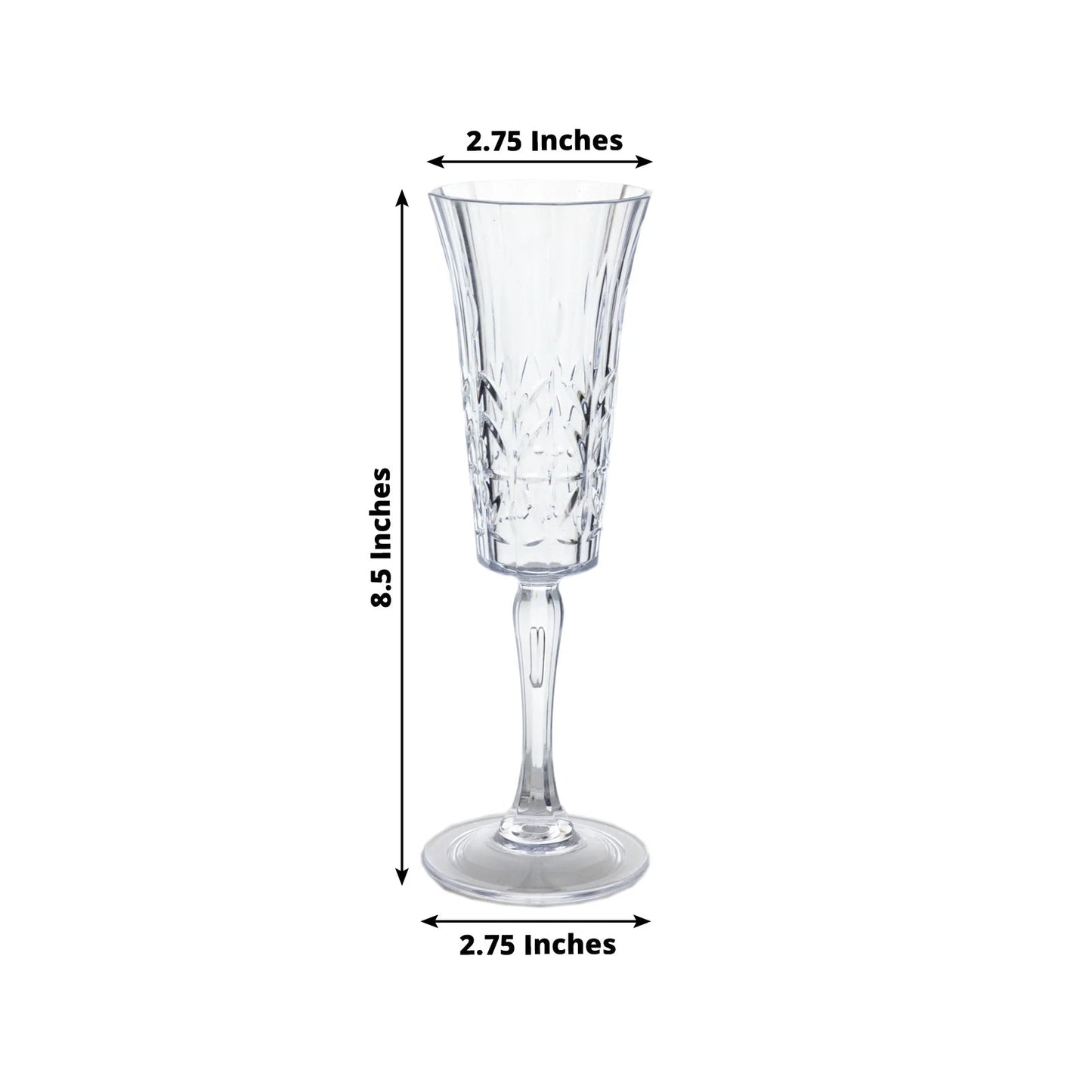 6 Pack 6oz Shatterproof Plastic Champagne Flutes with Embossed Leaf Pattern, Clear Reusable Cocktail Wine Glasses - 8.5"