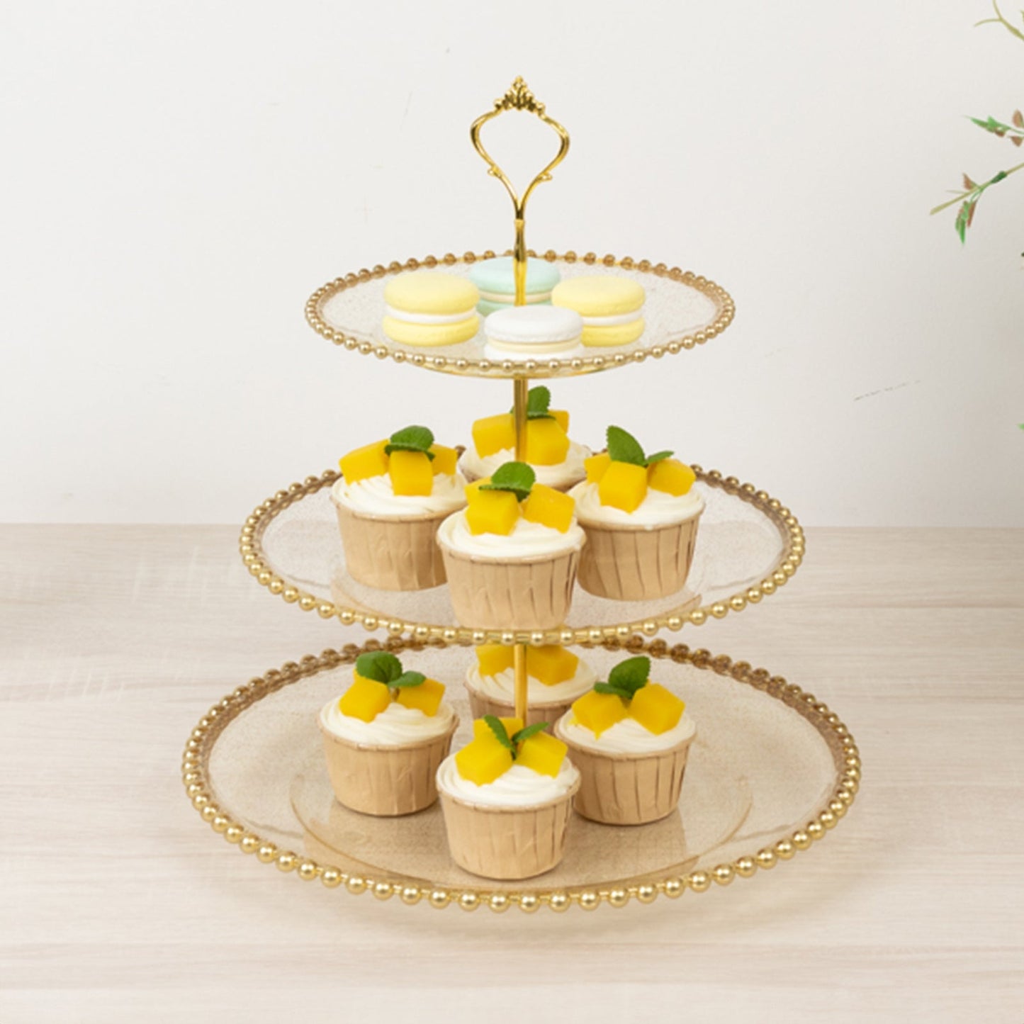 14" Clear Gold Glittered 3-Tier Plastic Dessert Display Stand With Gold Beaded Rim, Round Cupcake Tower Tea Party Serving Platter With Top Handle