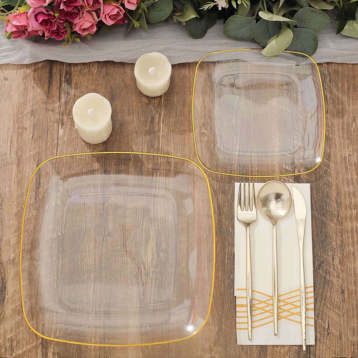 10-Pack Plastic 10" Square Dinner Plates in Clear with Gold Rim - Classy Disposable Lunch Party Plates
