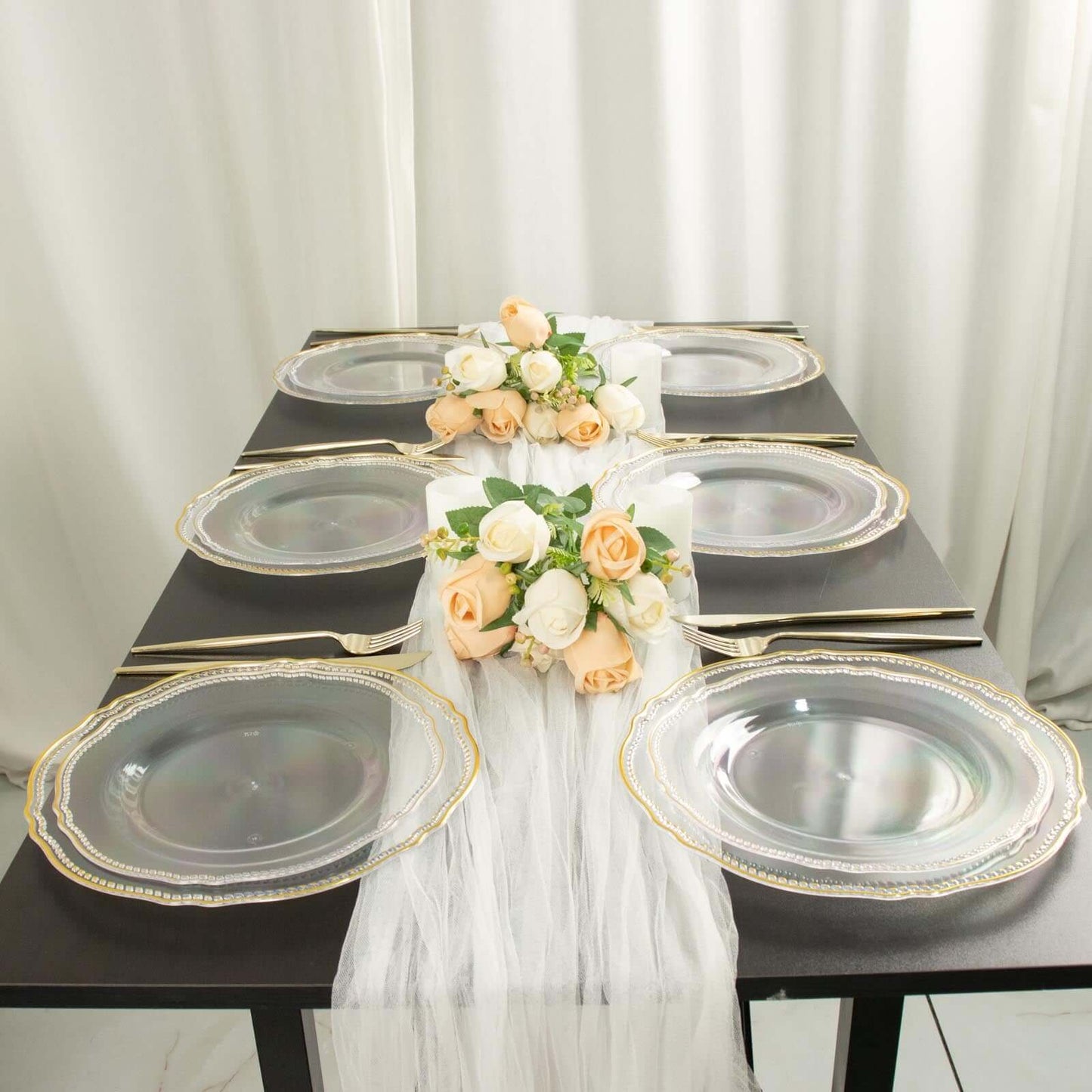 10-Pack Plastic 10" Dinner Plates in Clear with Gold Scalloped Rim - Disposable Large Party Plates