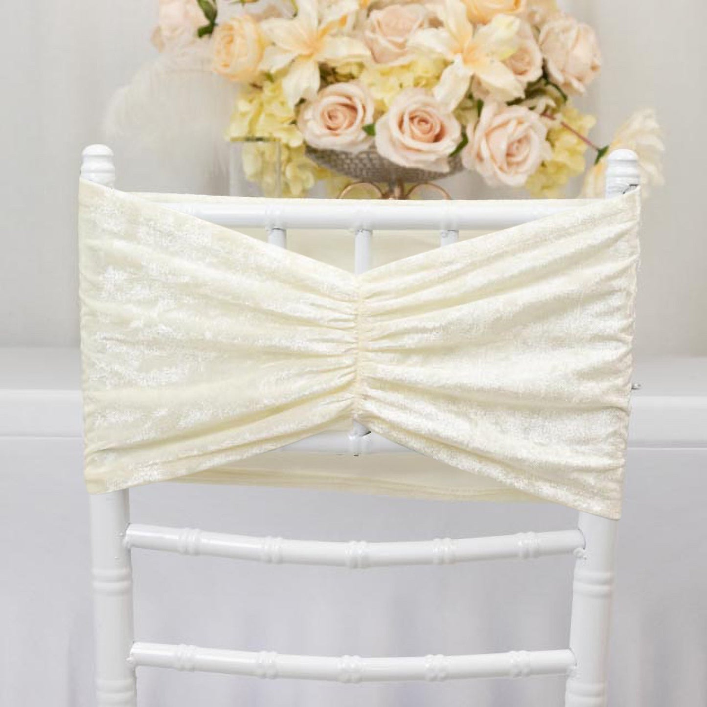 5 Pack Crushed Velvet Chair Bands Ivory Wide Ruffle Style - Textured Chair Sashes for Stunning Event Decor - 8"x15"