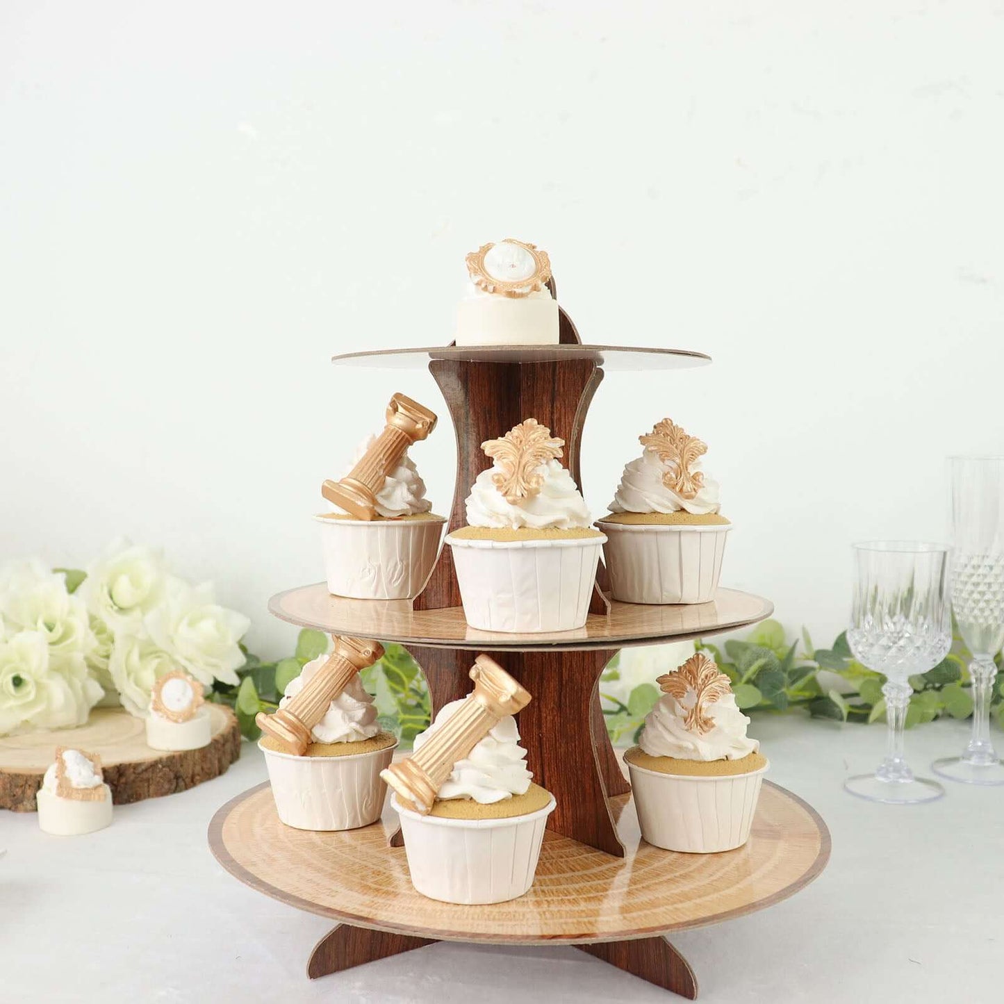 3-Tier Cardboard Cupcake Stand Natural Wood Plank Print - Reusable Dessert Table Display Tower for Classy Birthday Wedding Party Decoration 14"