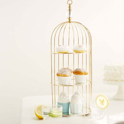 3-Tier Cupcake Cake Stand Bird Cage Design with Crystal Top Mirror Base - Serving Tray with Hanging Option 22"