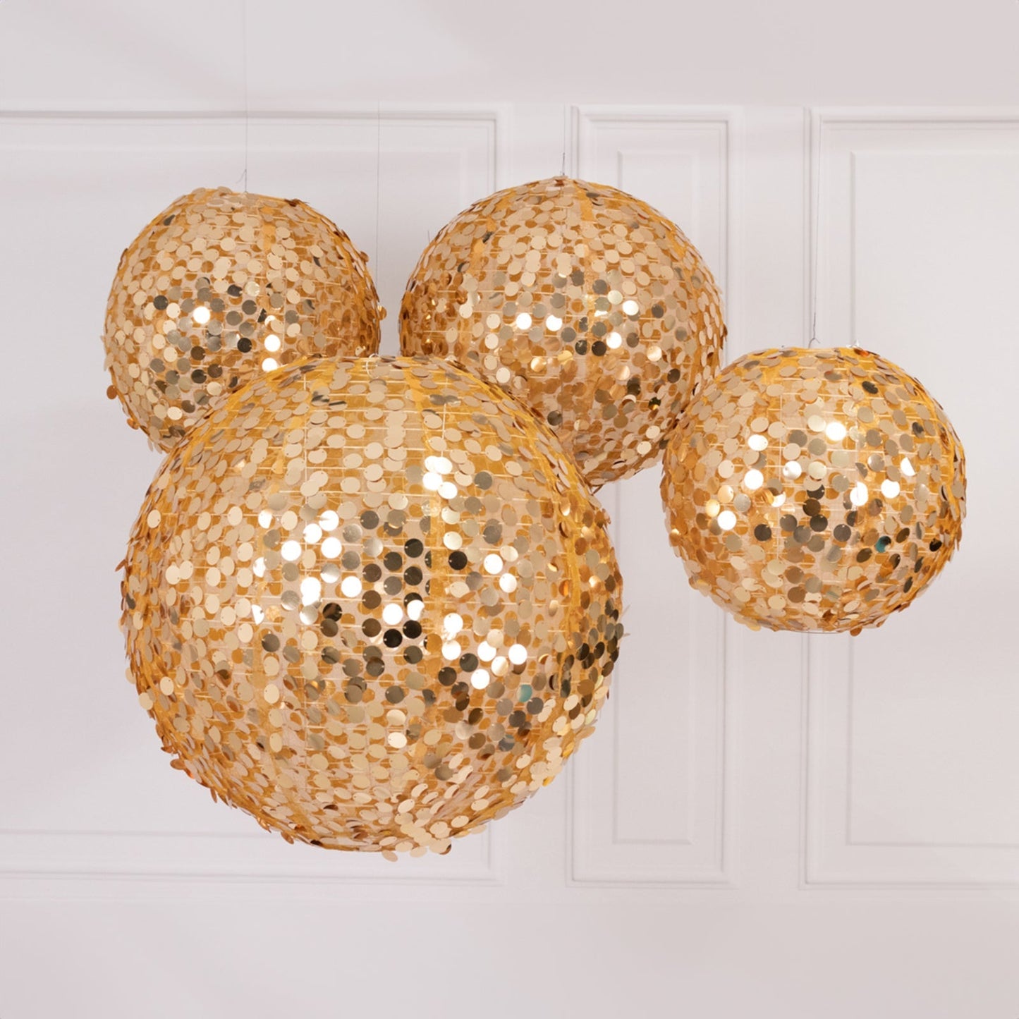 Set of 4 Glitter Gold Payette Sequin Hanging Lanterns, Large Decorative Round Foldable Fabric Chinese Lantern Lampshades - 12",14",16",20"