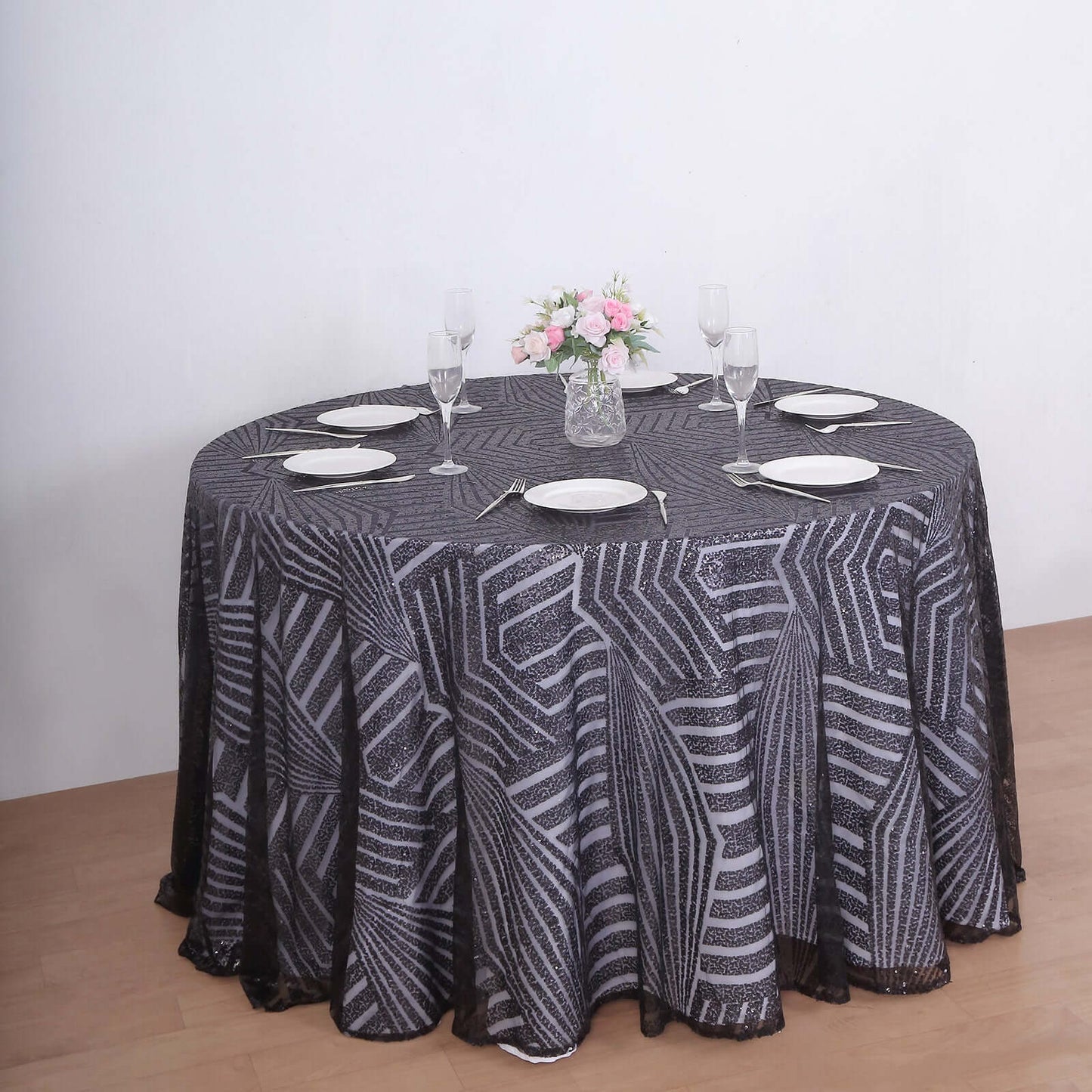 Sequin 120" Round Tablecloth Black - Seamless Diamond Glitz Table Cover