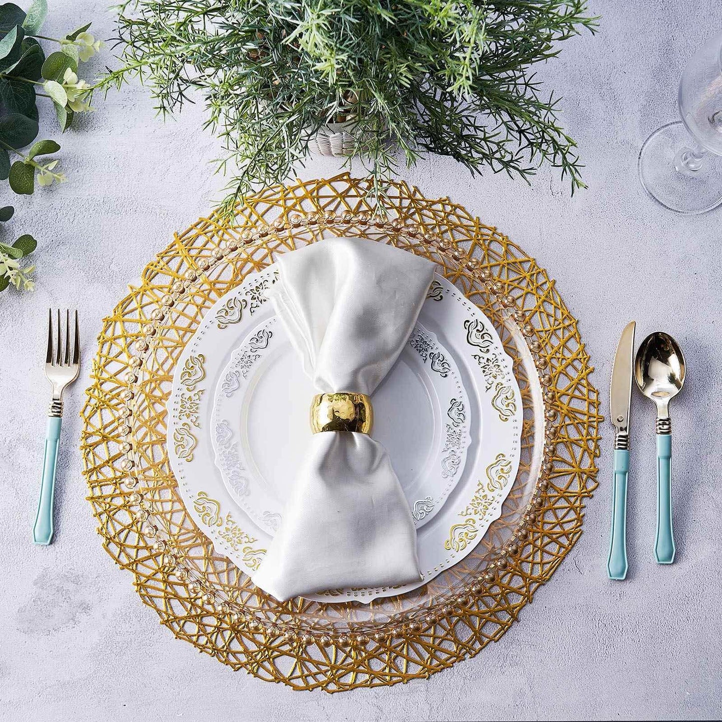 6-Pack Vinyl Placemats Gold Woven Design - Durable Non-Slip Round Table Mats for Dining 15"