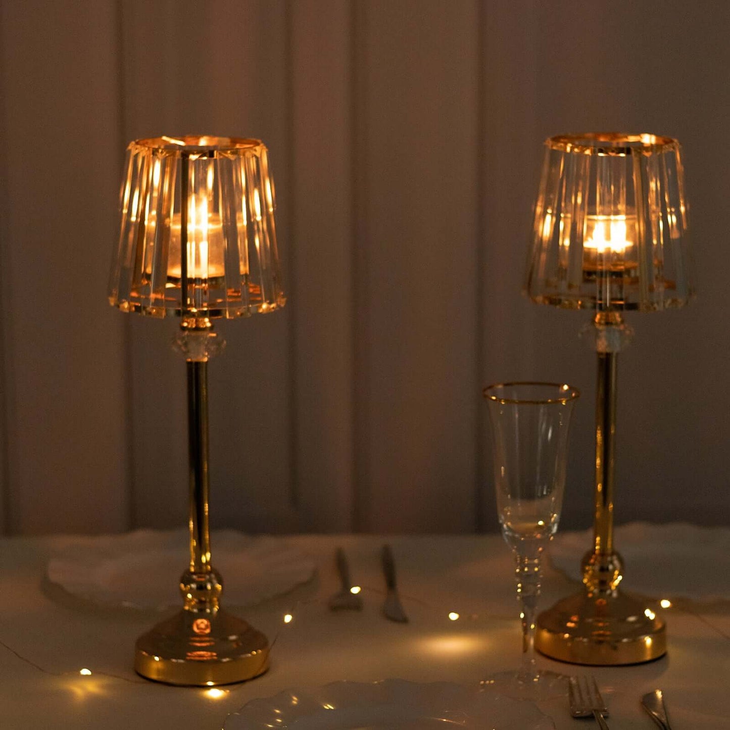2-Pack 15" Crystal Pendant Candle Holders - Classic Empire Lamp Shade Style in Gold, Votive Candle Stand For Table Centerpieces