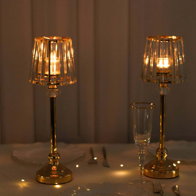 2-Pack 15" Crystal Pendant Candle Holders - Classic Empire Lamp Shade Style in Gold, Votive Candle Stand For Table Centerpieces