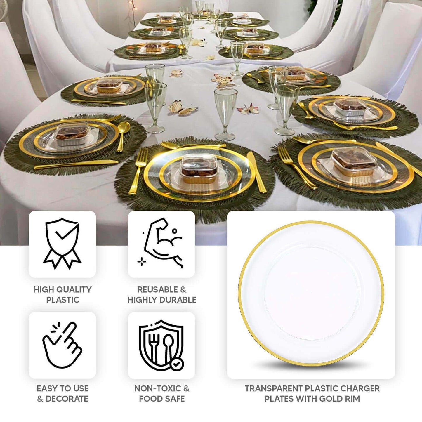 10-Pack Economy Plastic Round Charger Plates 12" in Clear with Wide Gold Rim, Decorative Dinner Party Serving Plates