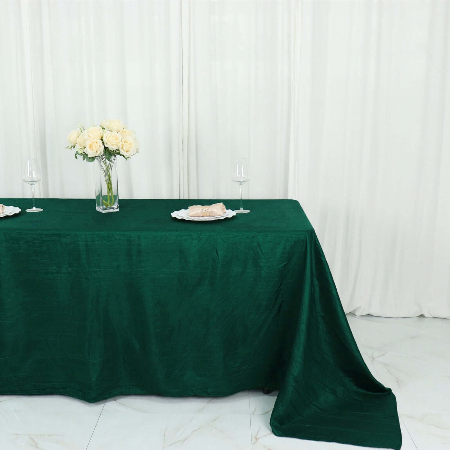 Taffeta 90"x132" Rectangle Tablecloth Hunter Emerald Green - Seamless Accordion Crinkle Table Cover