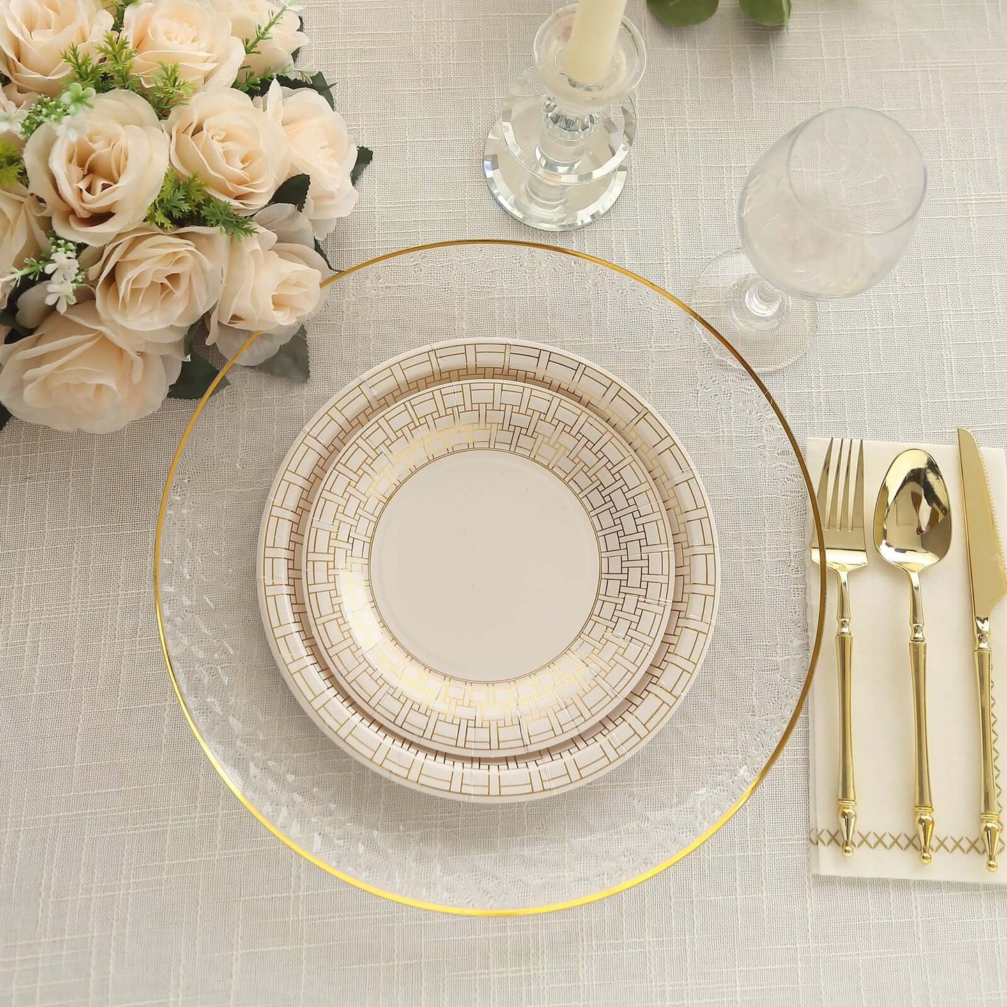 25-Pack Paper 9" Round Dinner Plates in White with Gold Basketweave Rim - Disposable Party Plates for Stylish SoirÃ©es & Festive Brunches