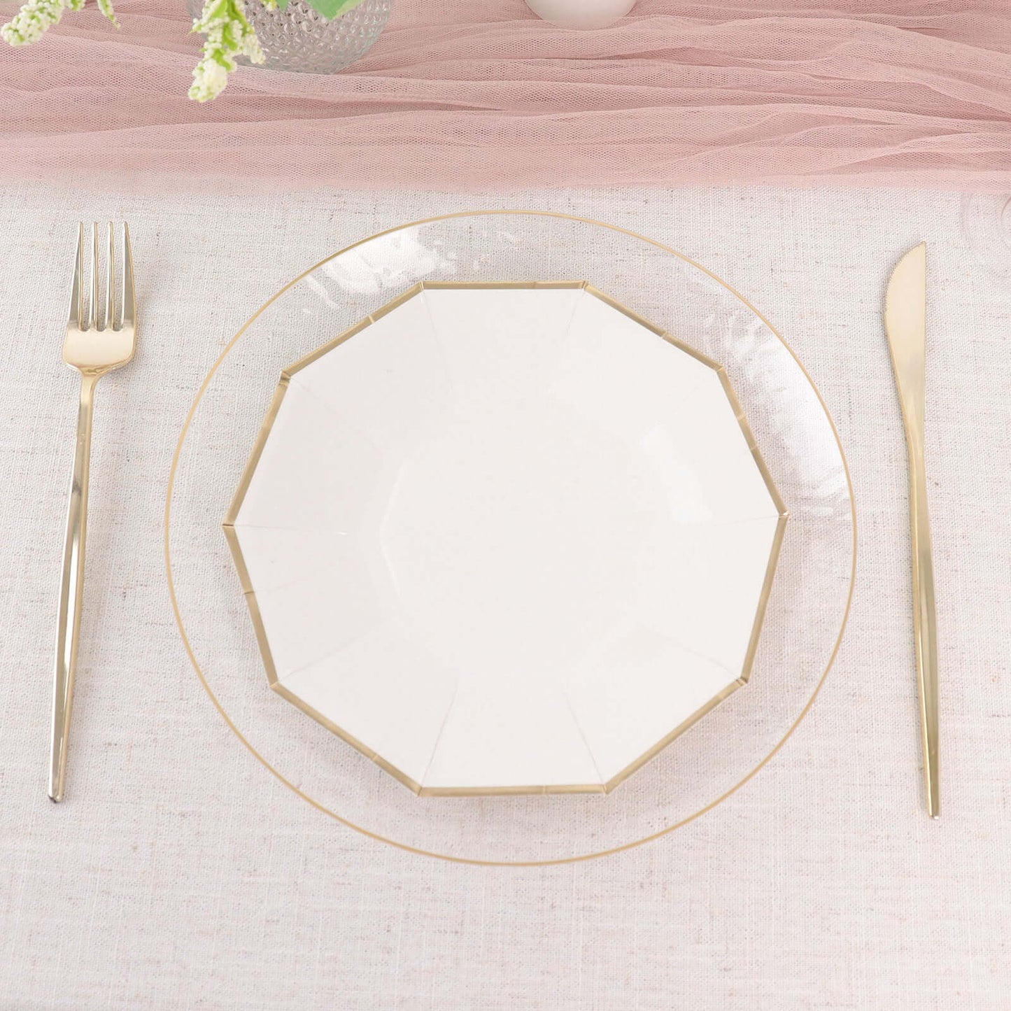 25-Pack Paper 7" Decagon Appetizer Plates in White with Gold Foil Rim - Stylish Geometric Dessert/Salad Plates for Cocktail Parties & Receptions