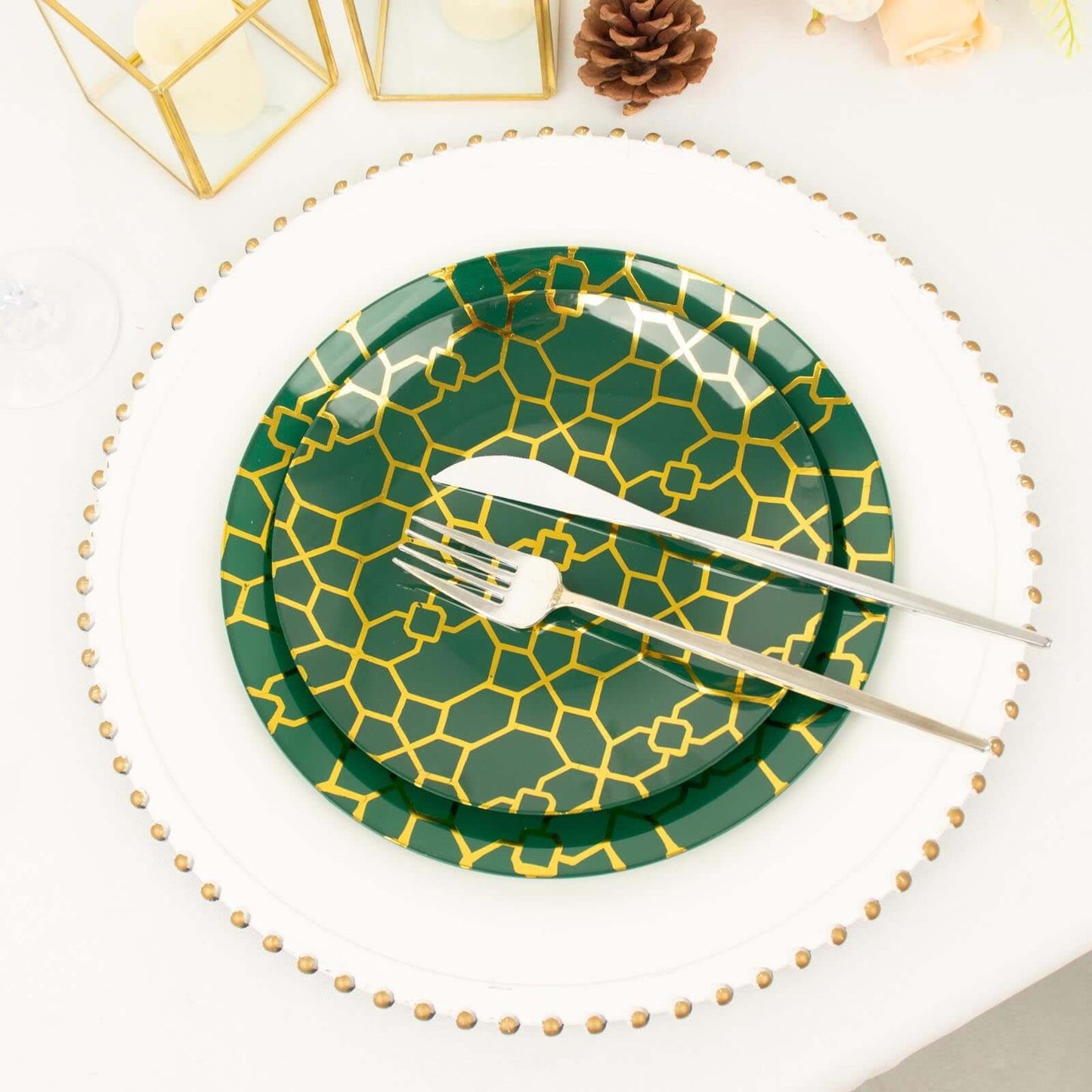 20-Pack Set Plastic Round Dinner and Salad Plates in Hunter Emerald Green with Geometric Gold Print - Modern Disposable Dinnerware Set for Weddings & Celebrations 9", 7"