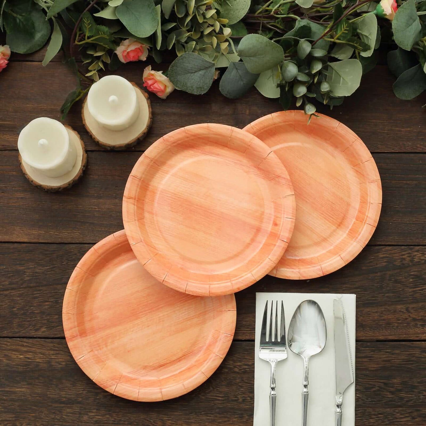 25-Pack Paper 7" Round Dessert Plates in Natural Wood Grain Print - Disposable Appetizer Salad Plates for Rustic Farmhouse Style Events