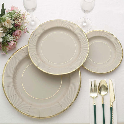 25-Pack Paper 8" Round Dessert Plates in Taupe Sunray Design with Gold Rim - Disposable Heavy Duty 350GSM Appetizer Salad Plates