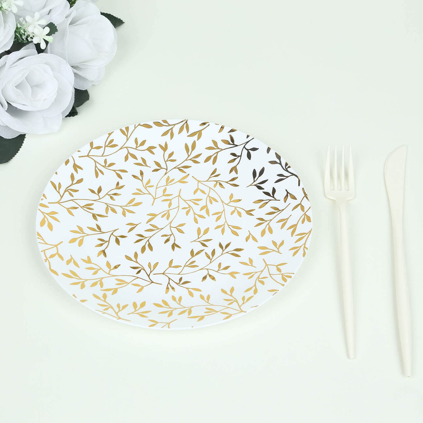 10-Pack Plastic 8" Round Salad Dessert Plates in White with Gold Leaf Design - Heavy Duty Disposable Party Plates for Stylish Events & Memorable Gatherings