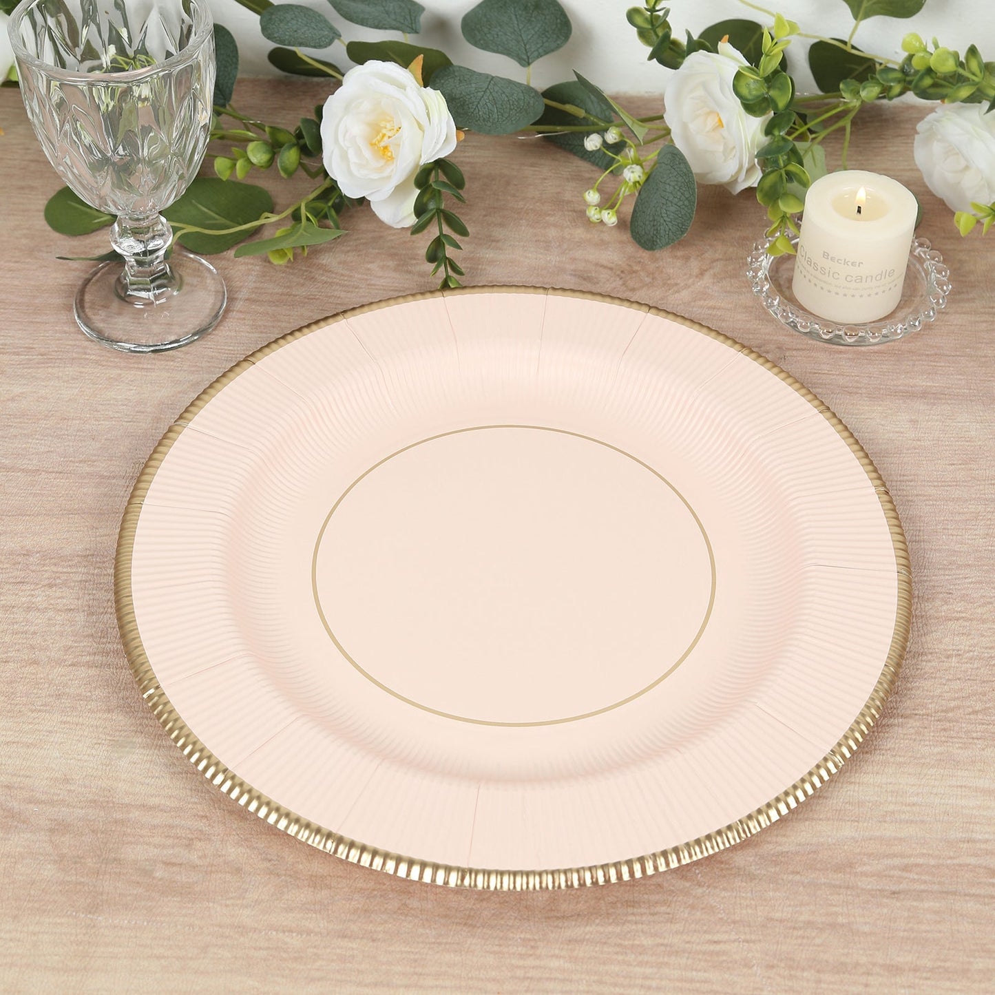 25-Pack Disposable Round Charger Plates in Blush Sunray Design with Gold Rim - 350GSM Heavy Duty Paper Chargers 13"
