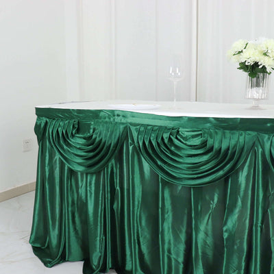 Satin 14ft Table Skirt Hunter Emerald Green - Pleated Double Drape Table Cover
