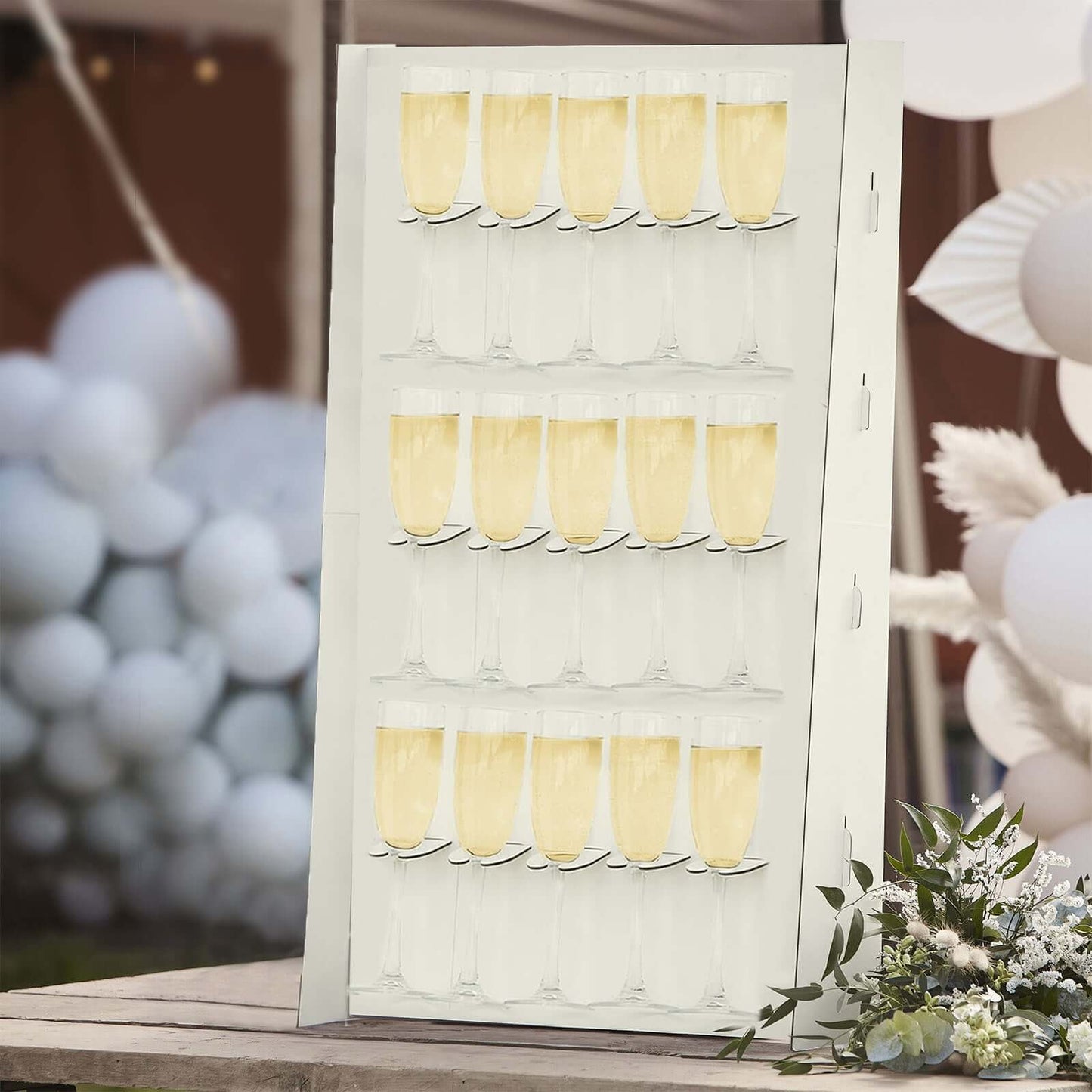3-Tier Wooden Rectangle Champagne Wall Glass Holder in White for Rustic Events & Banquets