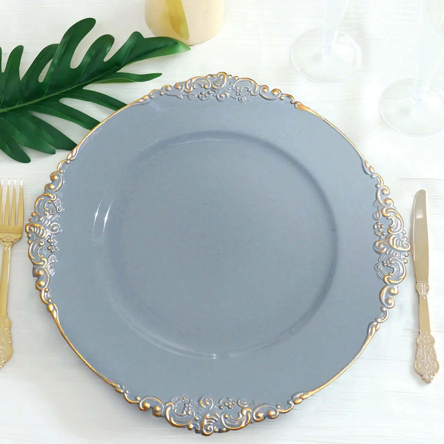 6-Pack Acrylic Round Charger Plates 13" in Dusty Blue with Gold Embossed Baroque Rim, Antique Decorative Dinner Party Charger Tableware