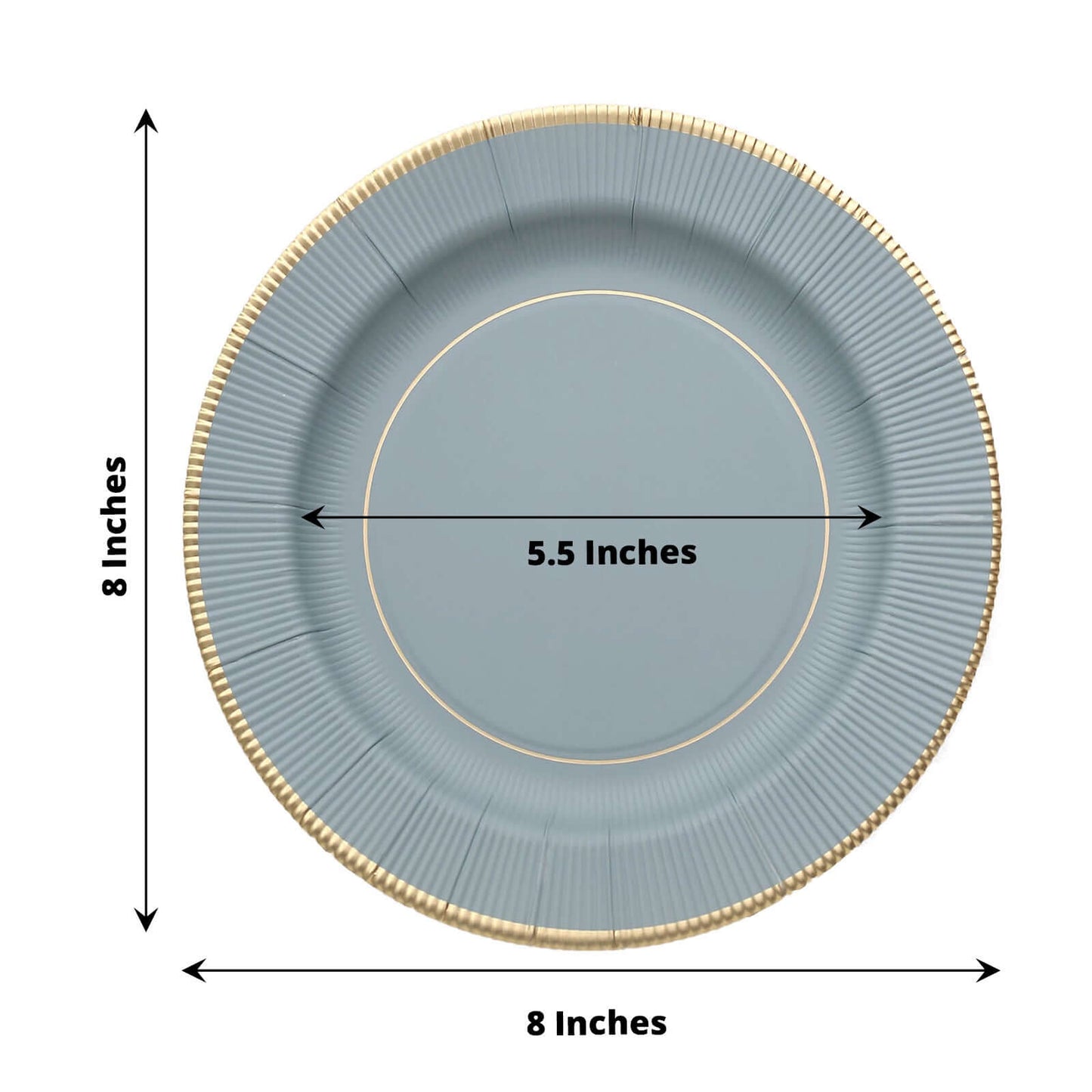25-Pack Paper 8" Round Dessert Plates in Dusty Blue Sunray Design with Gold Rim - Disposable Heavy Duty 350GSM Appetizer Salad Plates